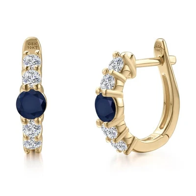 10K Yellow Gold Sapphire and Lab Grown Diamond Hoop Earrings for Women | 1.22 - Image 1 of 4
