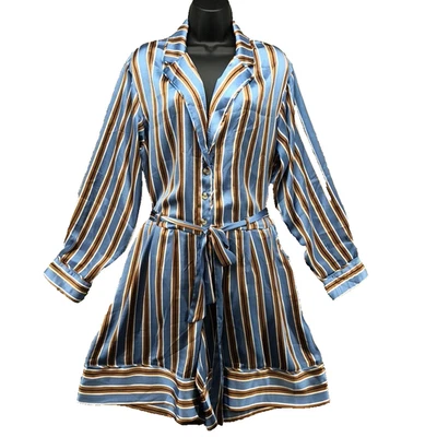 Anthropologie Belted Pajama Romper Womens Medium Blue Brown Stripe Comfort - Image 1 of 4