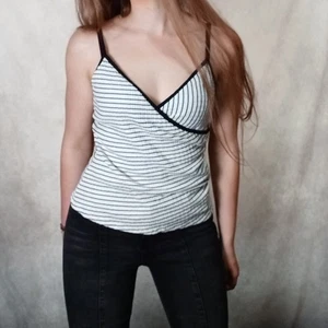 Karen Millen Vintage Y2K Striped Wrap Cami Top Size 12 Black White Ribbed V-neck - Picture 1 of 7
