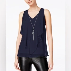 BCX Women's Juniors' Navy Sleeveless Ruffled Blouse with Necklace, Size Small - Picture 1 of 8