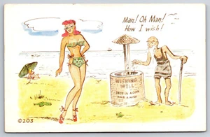 A463 Vtg Postcard Humorous Beach Wishing Well Bikini Girl Old Man How I Wish - Picture 1 of 2