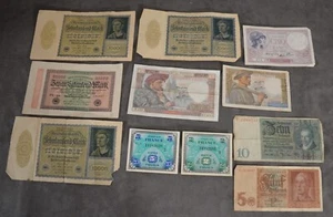 Lot Old German Marks 20000 10000 50 10 5 & Francs WWII Occupied Banknotes Paper - Picture 1 of 4