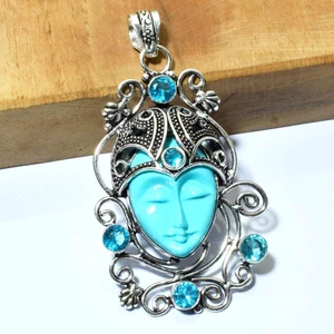 Carved Goddess Face Blue Topaz Wedding Gift Pendant Jewelry 2.8" AP 20369 - Picture 1 of 1