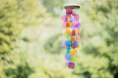 Rainbow Wind Chimes Colorful Sea Glass Capiz Shells Outdoor Decor House Gifts - Image 1 of 4