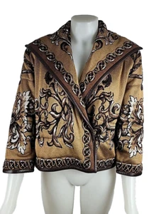 Vintage St John Cropped gesteppte Kette Blumen braun weiß Jacke mit Lederbesatz Gr. 10 - Bild 1 von 6