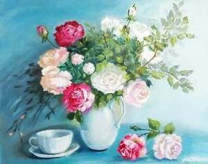 Rose Bouquet Flower Vase Wall Art, Rose Oil Painting Gift Original Art 16 x 20" - Picture 1 of 7