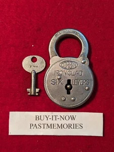 PAT. APPLIED "CORBIN SIX LEVER" STEEL PADLOCK w/ KEY, VINTAGE LOCK ANTIQUE LOCKS - Picture 1 of 3