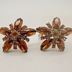 Vintage Madeleine D&E Juliana Topaz Amber Rhinestone Brooch & Earrings Set - Picture 1 of 9