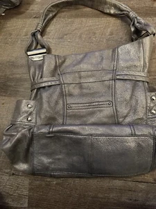B. MAKOWSKY Slouchy Hobo Tote Purse Shoulder Bag Metallic Silver Genuine Leather - Picture 1 of 9