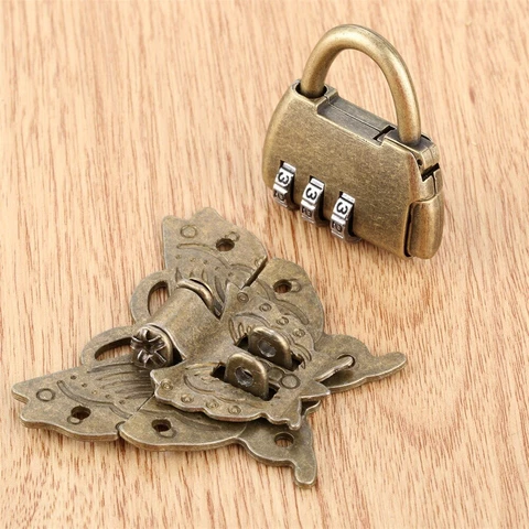 Classic Password Padlock Lock Key w/ Butterfly Jewelry Box Latch Clasp Hardware Cover