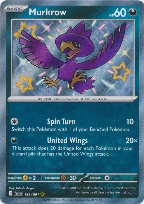Murkrow 181/091  Shiny Rare Paldean Fates Pokemon TCG - Image 1 of 1