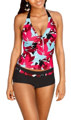 Tankini estampado floral tropical talla L para mujer con pantalones cortos halter conjunto de natación Foto 1 de 4
