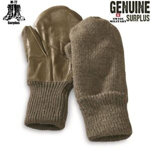 Surplus Swiss Army Lined Wool Leather Cold Weather Mittens OD Olive Drab