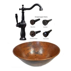 14" Round Copper Vessel Bath Sink in Natural Fire with 13" ORB Faucet & Drain - Picture 1 of 5