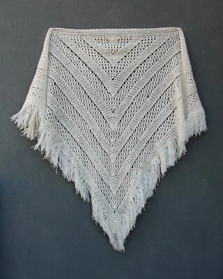 Vintage Crochet shawl, 1970s fringe  wrap shawl, White Wrap, Bridal Scarf - Image 1 of 4