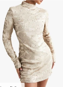 Boohoo Demask Sequin High Neck Stretch Body Con Mini Dress Beige Stone NWT Sz 4 - Picture 1 of 4