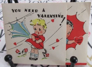 Vintage USA Valentinskarte KINDER IM REGENSCHAUER Regenschirm umgekehrt JUNGE ZUR RETTUNG - Bild 1 von 4