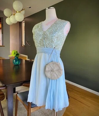 "Vestido de cóctel vintage Emma Domb años 50 27"" cintura azul con pedrería" Foto 1 de 4