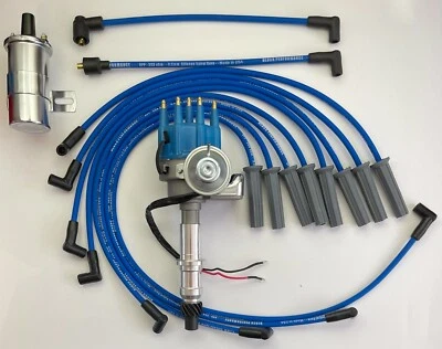 PONTIAC 350 389 400 455 PEQUENO DISTRIBUIDOR HEI TAMPA AZUL + FIOS 8,5mm + bobina cromada - Imagem 1 de 3