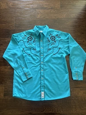 Camisa masculina fina ocidental Panhandle bordada azul G - Imagem 1 de 4