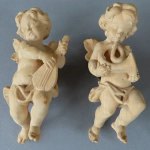 Pair Vintage German 4.5" Figurines Hand Carved Wood ANGELS Cherubs w Instruments - Picture 1 of 6