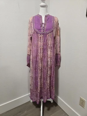 1970s HER EXCELLENCY PURPLE FLORAL & GOLD METALLIC HAND PAINTED HIPPIE DRESS - Image 1 of 4