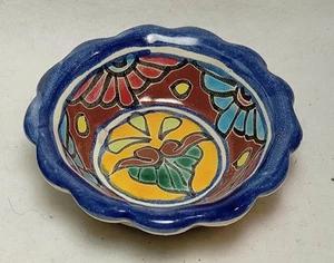 T Vazquez Mexico Trinket Dish Glazed Terracotta Hand Painted Folk Art Floral 3" - Picture 1 of 8