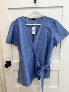 Ann Taylor Wrap Denim Short Sleeve Top W/ Embroidered Detail Size 16 - Picture 1 of 10