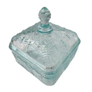 Caja de platos de caramelo con tapa de abejas y colmena vintage de vidrio tiara claro azul aguamarina - Imagen 1 de 12