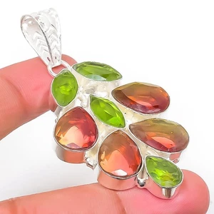 Bi-Color Tourmaline, Peridot Gemstone 925 Sterling Silver Jewelry Pendant 2.17" - Picture 1 of 5