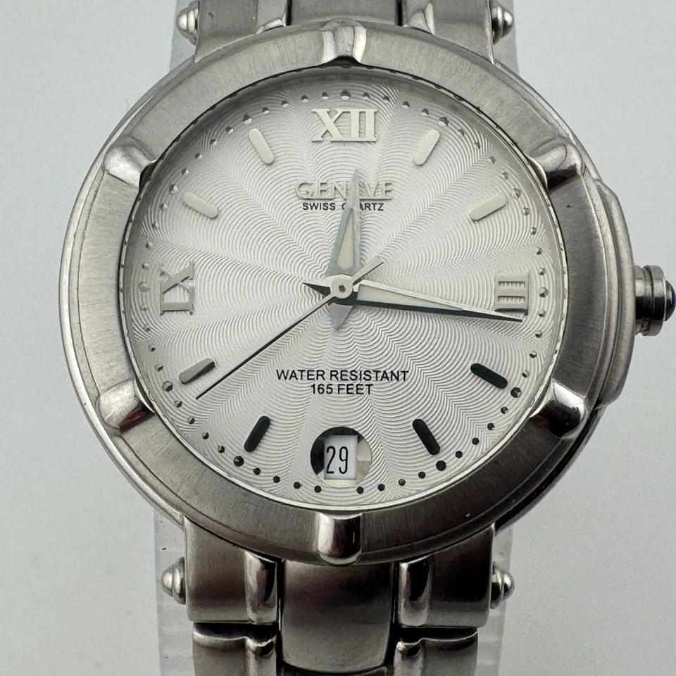 Antigo Relógio de Quartzo Suíço Geneve Unissex 50m Prata Aço Data Analógica Nova Bateria 6" - Imagem 1 de 4