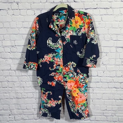 Conjunto de pijama floral cachemir Lauren Ralph Lauren para mujer azul marino talla M mangas 3/4 Foto 1 de 4