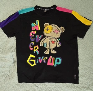 Switch Remarkable Patched Bear Embroidered T-Shirt NEVER GIVE UP Mens XL Black - Picture 1 of 6
