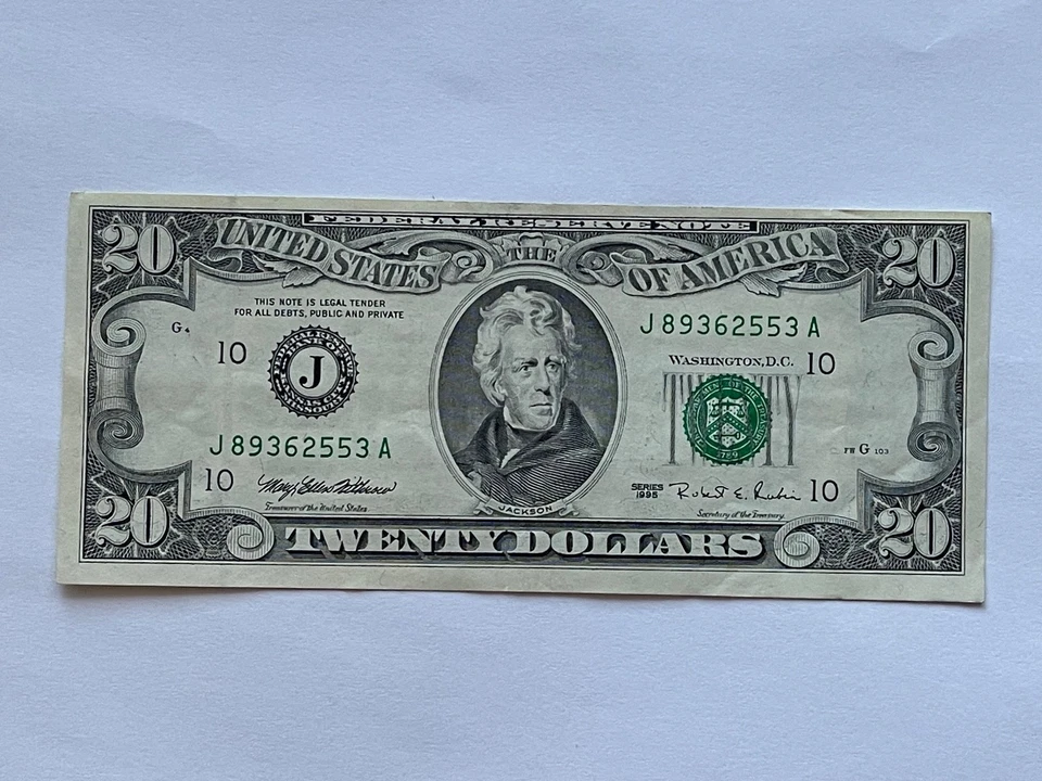 $20 Twenty Dollar Bill Federal Reserve Note 1995 Kansas City J89362553A NICE - Image 1 of 2
