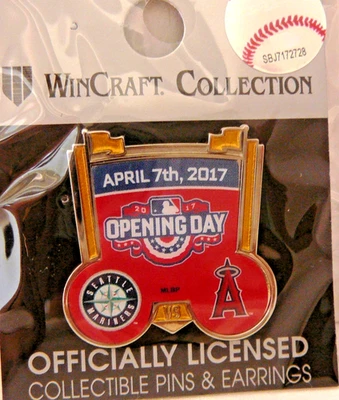 MLB LA ANGELS 2017 Opening Day Label Hat Pin - Flags - Seattle Mariners - NEW - Image 1 of 3