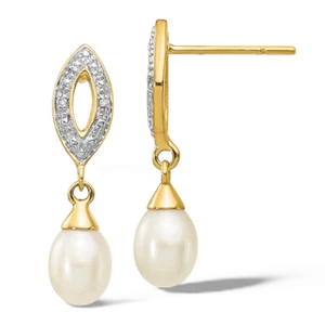 14K Solid Two Tone Gold Teardrop Freshwater Cultured Pearl Diamond Dangle ... - Picture 1 of 3