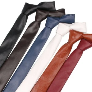 Cravatta da uomo in pelle PU skinny cravatta collo tinta unita formale matrimonio ballo classico - Foto 1 di 17