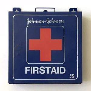 Vintage Johnson & Johnson First Aid Storage Box LRG Blue Metal Wall Mount RARE - Picture 1 of 11