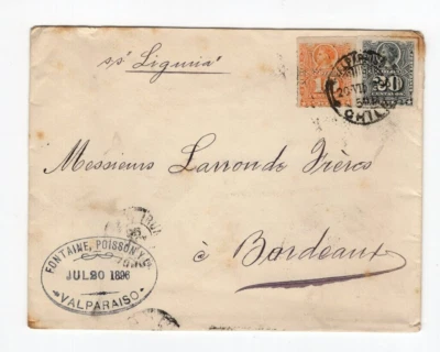CHILE 1896 Valparaiso to Bordeaux France rouletted 10 + 20 nice franking - Image 1 of 2