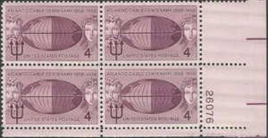 Plate Block of 4 stamps - Scott 1112 - 4 cent - Atlantic Cable - 1958 - MNH - Picture 1 of 1