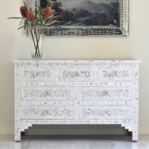 Antique Indian handmade Mother of Pearl Floral White Chest of Drawer Dresser