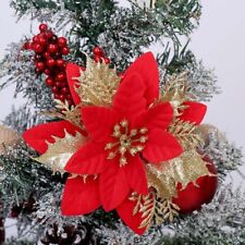 10X Christmas Glitter Flowers Poinsettia Artificial Flowers Xmas Tree Ornaments