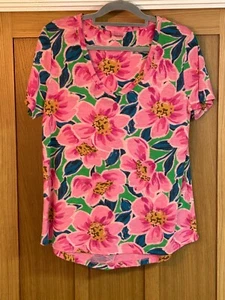 Nutmeg UK 14 Pink Floral Loose Tee V-Neck Modal Cotton Short Sleeve T-Shirt Top - Picture 1 of 4