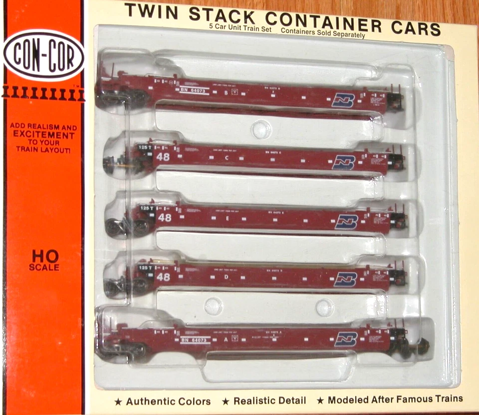 HO CON-COR 0001-001955(01) TWIN STACK CONTAINER 5 CAR UNIT BURLINGTON NORTHERN - Image 1 of 1