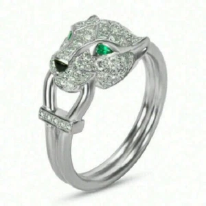 Lab Created 1.20Ct Pear Cut Green Emerald White Gold Finish Panther Ring Size 8 - Picture 1 of 3