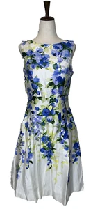 Vtg Lauren Ralph Lauren  Pleated Sleeveless A Line 4 Dress Floral White Blue - Picture 1 of 6