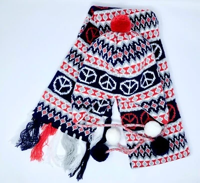 Bufanda y sombrero de invierno Justice Girls rojo blanco y azul marino signo de la paz Foto 1 de 4