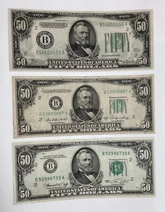 Lot Of 3 1934-A, 1950-A & 1974 $50 Federal Reserve Bank Of New York, NY Notes - Picture 1 of 10