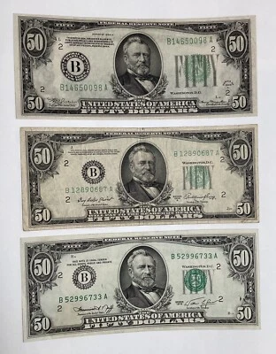 Lot Of 3 1934-A, 1950-A & 1974 $50 Federal Reserve Bank Of New York, NY Notes - Image 1 of 4