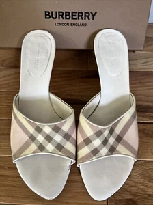 BURBERRY Vintage White Nova Check Plaid Kitty Heel Sandals Slip On Size 8 - Picture 1 of 6